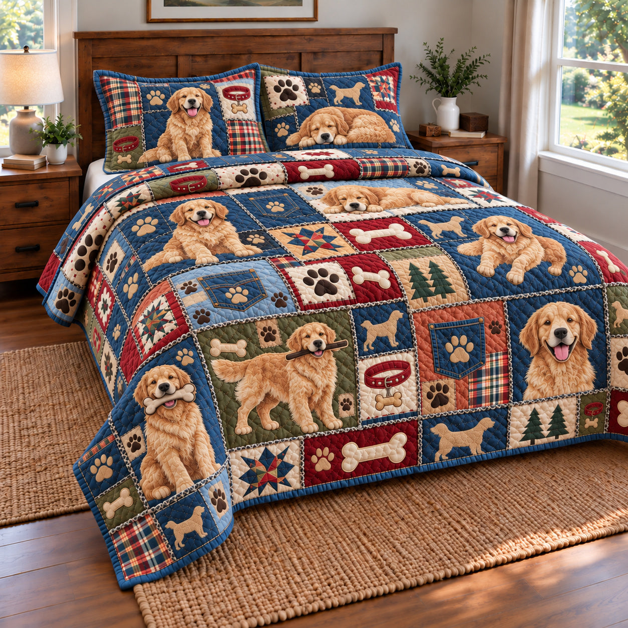 Golden Retriever Quilted Bedding Set Playful Puppy Bedding Winter Retreat Gifts