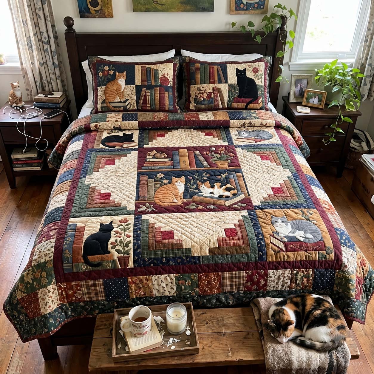 Cats Among The Books Quilted Bedding Set Xmas Cozy Reading Nook Bedding Decor Gifts