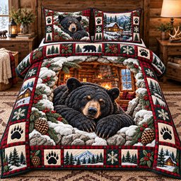 Cozy Cabin Bear Quilted Bedding Set Rustic Woodland Winter Bed Sheet Set Dad Gifts