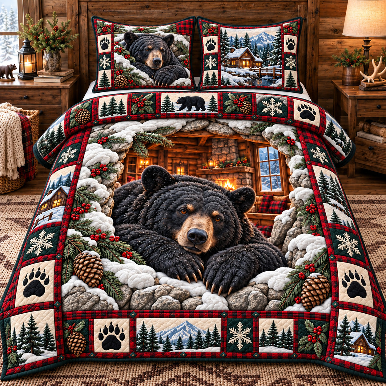 Cozy Cabin Bear Quilted Bedding Set Rustic Woodland Winter Bed Sheet Set Dad Gifts