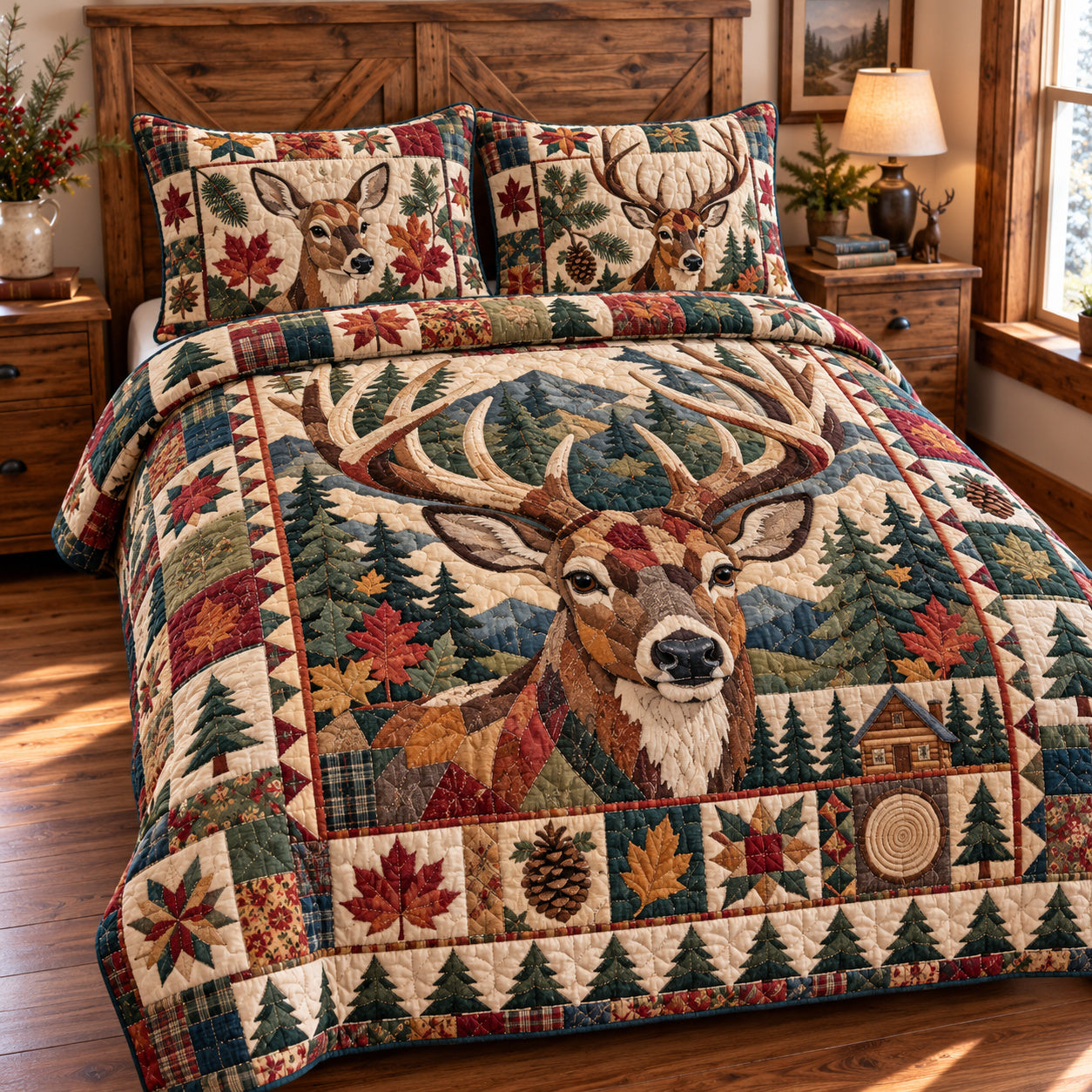 Deer Meadow Quilted Bedding Set Rustic Meadow Bedding Cozy Woodland Gifts
