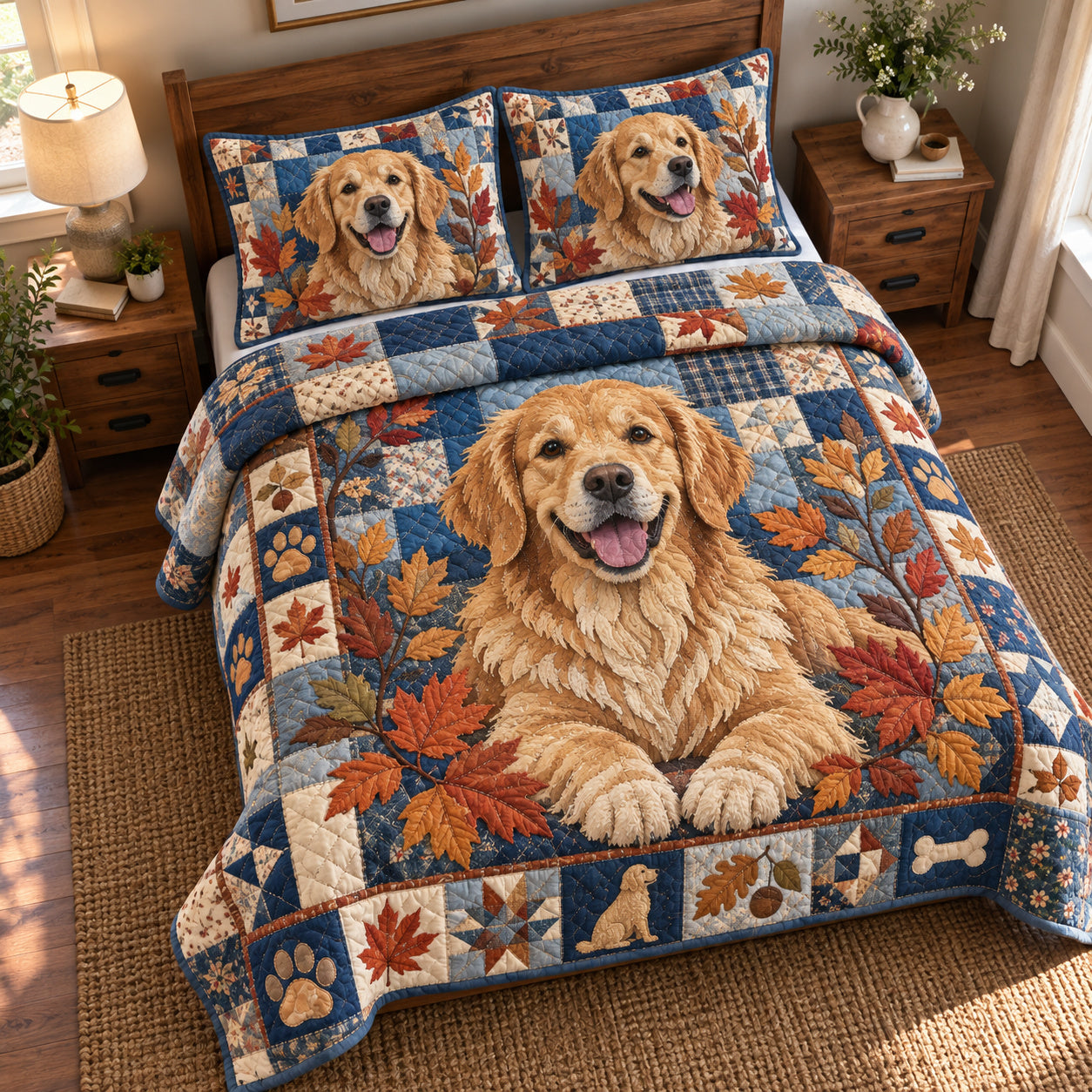 Golden Retriever Harvesting Quilted Bedding Set Golden Retriever Harvest Xmas Bedding Set