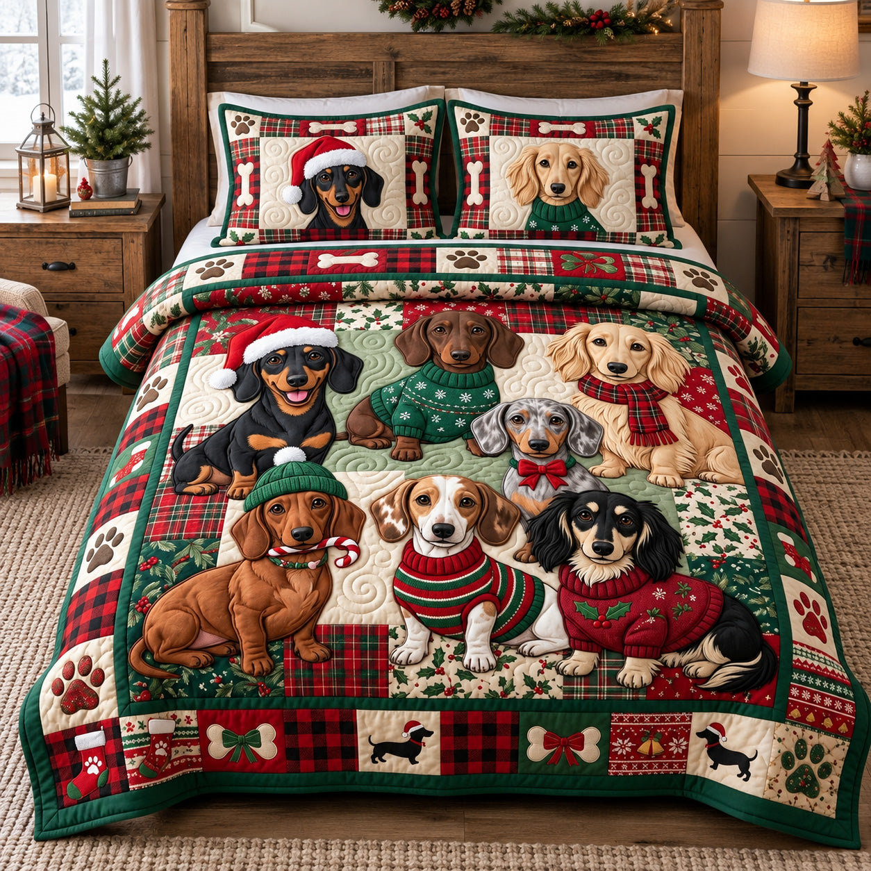 Festive Dachshund Friends Quilted Bedding Set Christmas Bedding Cozy Holiday Boys Gift