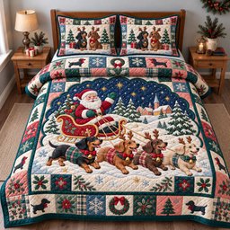 Dachshund Santa Quilted Bedding Set Xmas Puppy Bedding Holiday Gifts Ideas