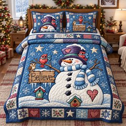 Believe In Snowman Magic Quilted Bedding Set Xmas Bedroom Decor Daughter Gift