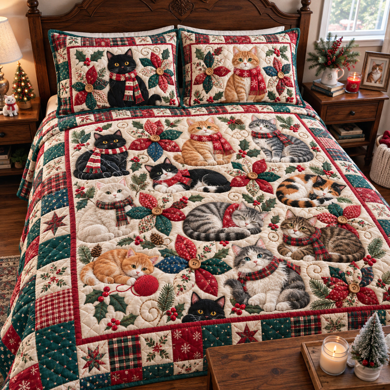 Cat Christmas Quilted Bedding Set Xmas Cozy Holiday Bedding Decor Festive Gifts Ideas