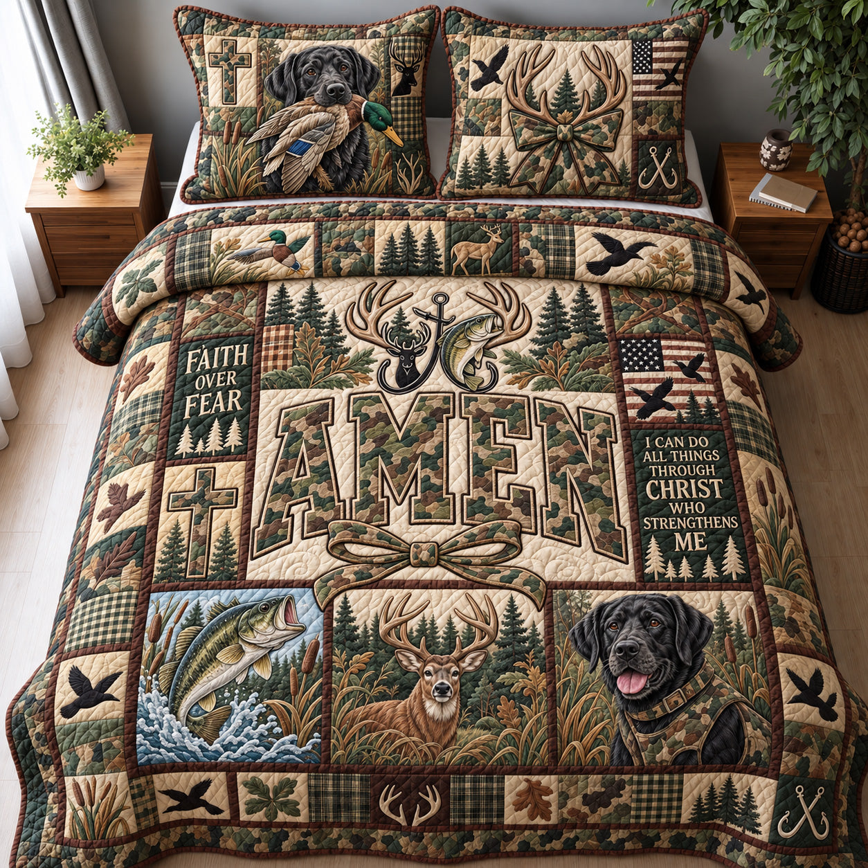 Faith Over Fear Hunting Quilted Bedding Set Christian Hunting Bedding Set Holiday Gift