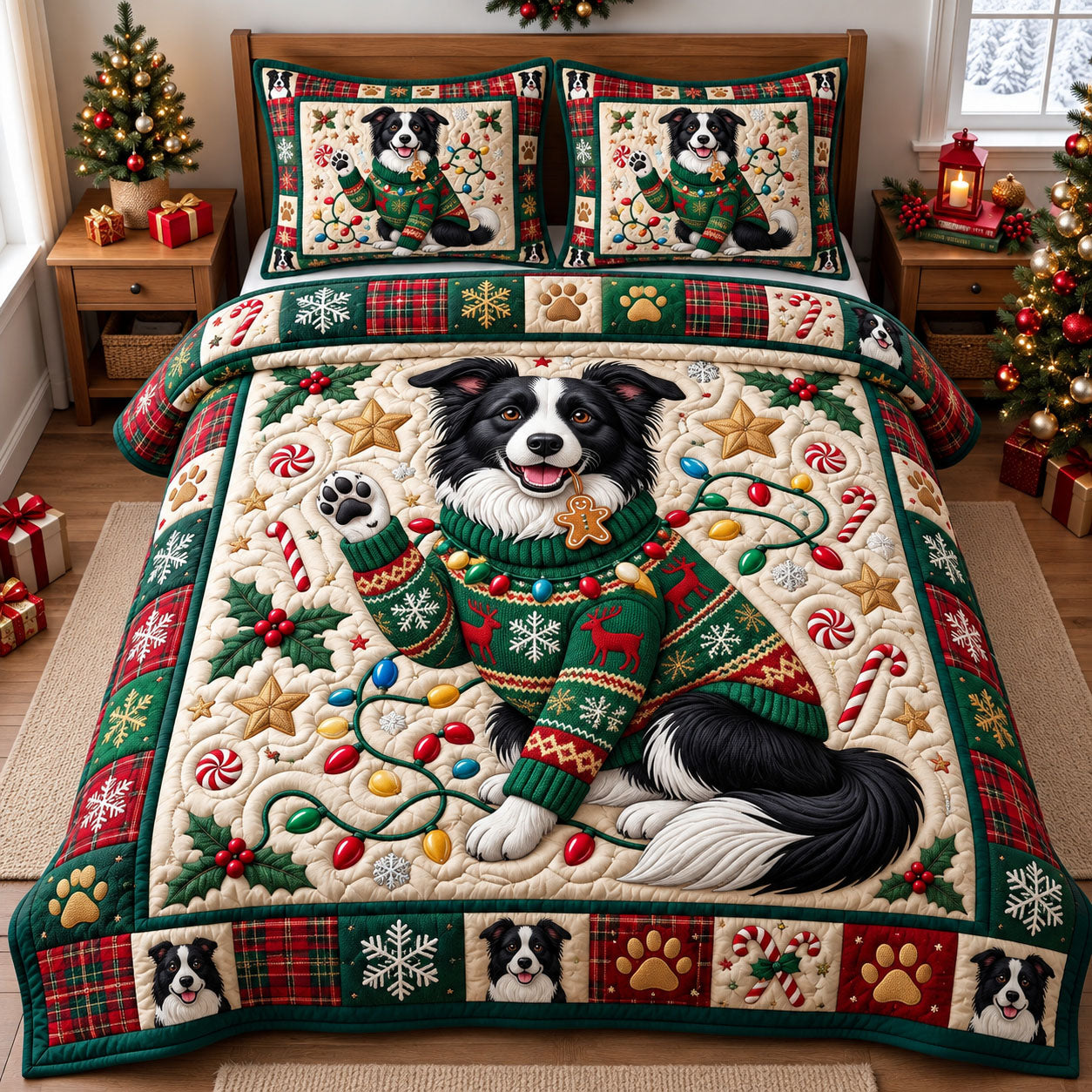 Border Collie Quilted Bedding Set Winter Snowy Forest Bedroom Decor Gifts Ideas