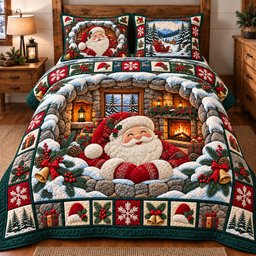 Cozy Fireplace Santa Quilted Bedding Set Winter Noel Fireplace Bedding Festive Gifts_