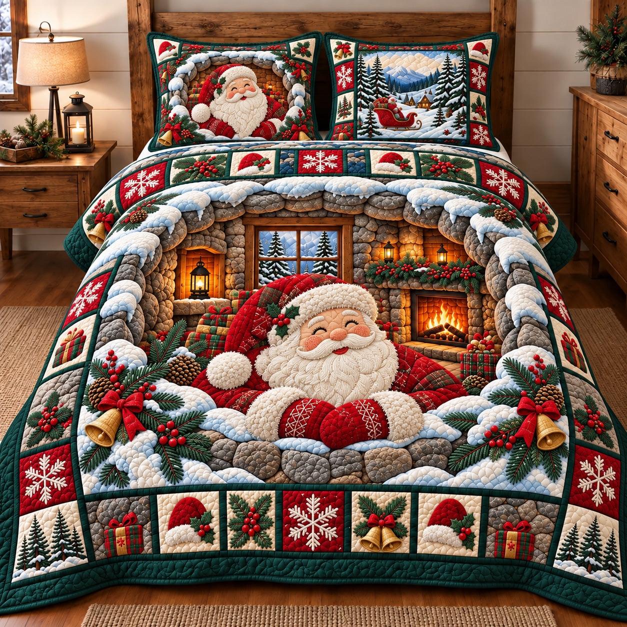 Cozy Fireplace Santa Quilted Bedding Set Winter Noel Fireplace Bedding Festive Gifts_