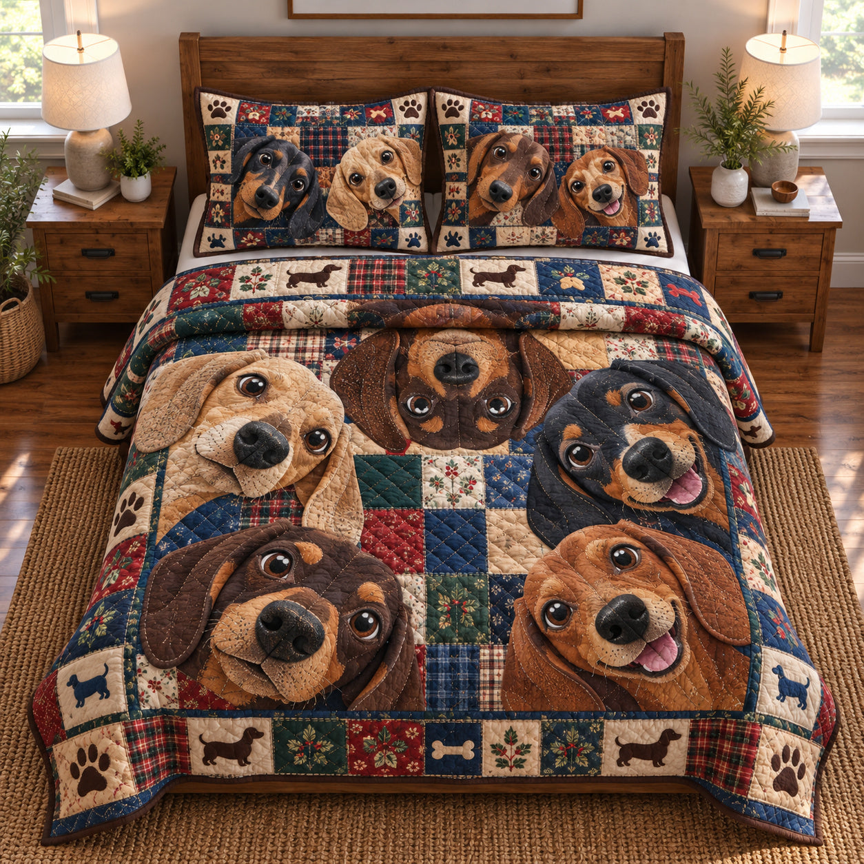 Dachshund Patchwork Quilted Bedding Set Rustic Farmhouse Bedding Cozy Xmas Gifts