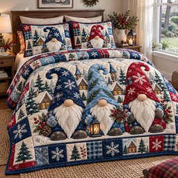 Gnome Trio Enchantment Quilted Bedding Set Christmas Gnome Bedding Holiday Gifts