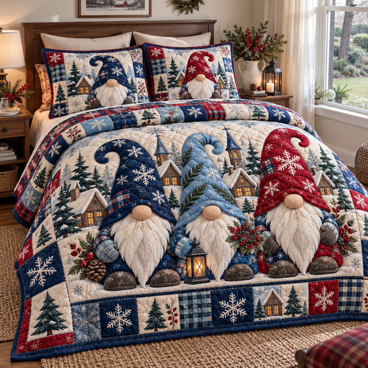 Gnome Trio Enchantment Quilted Bedding Set Christmas Gnome Bedding Holiday Gifts