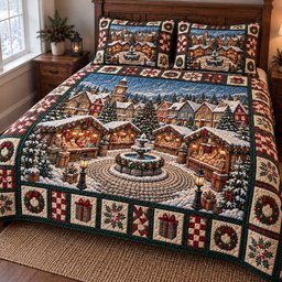 Christmas Village Quilted Bedding Set Festive Noel Snowy Village Bedding Holiday Gifts