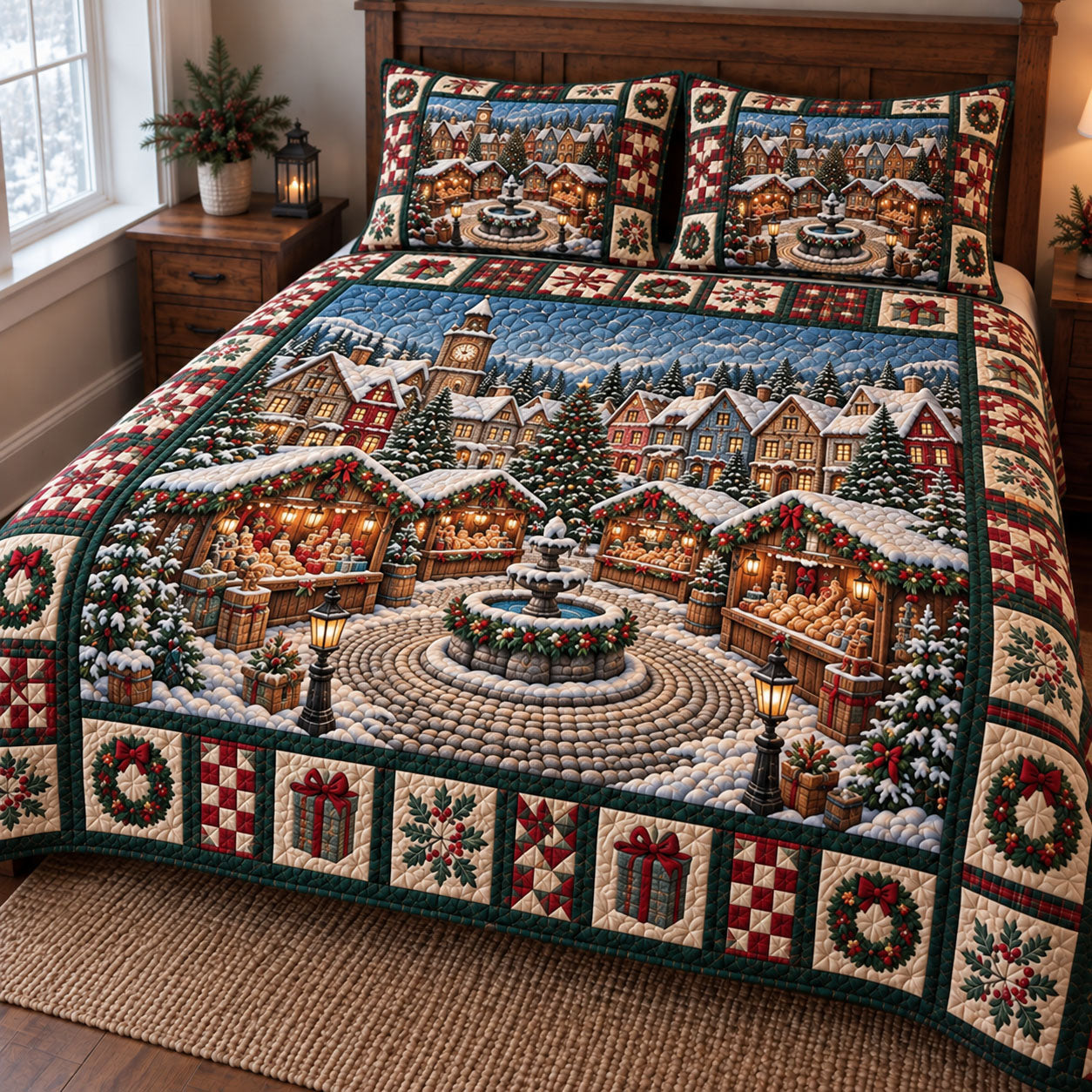 Christmas Village Quilted Bedding Set Festive Noel Snowy Village Bedding Holiday Gifts
