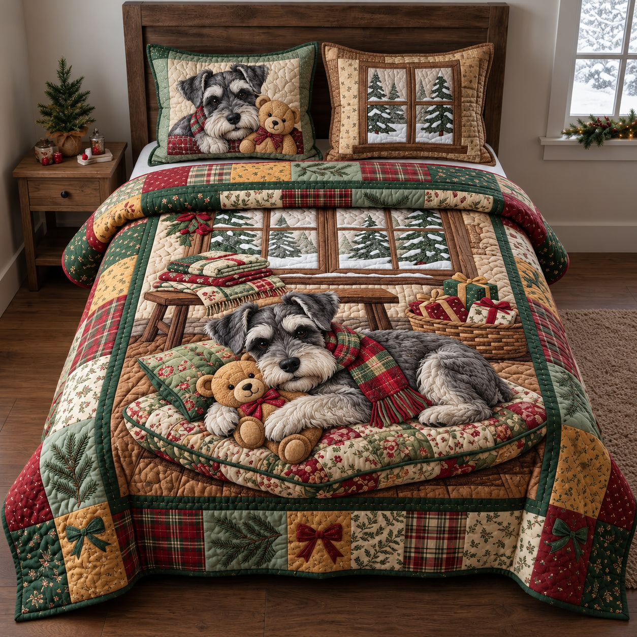 Christmas Morning Schnauzer Quilted Bedding Set Xmas Morning Coffee Bedding Decor Gifts