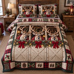 Christmas Deer Barn Quilted Bedding Set Rustic Winter Bedding Decor Gifts For Deer Lovers