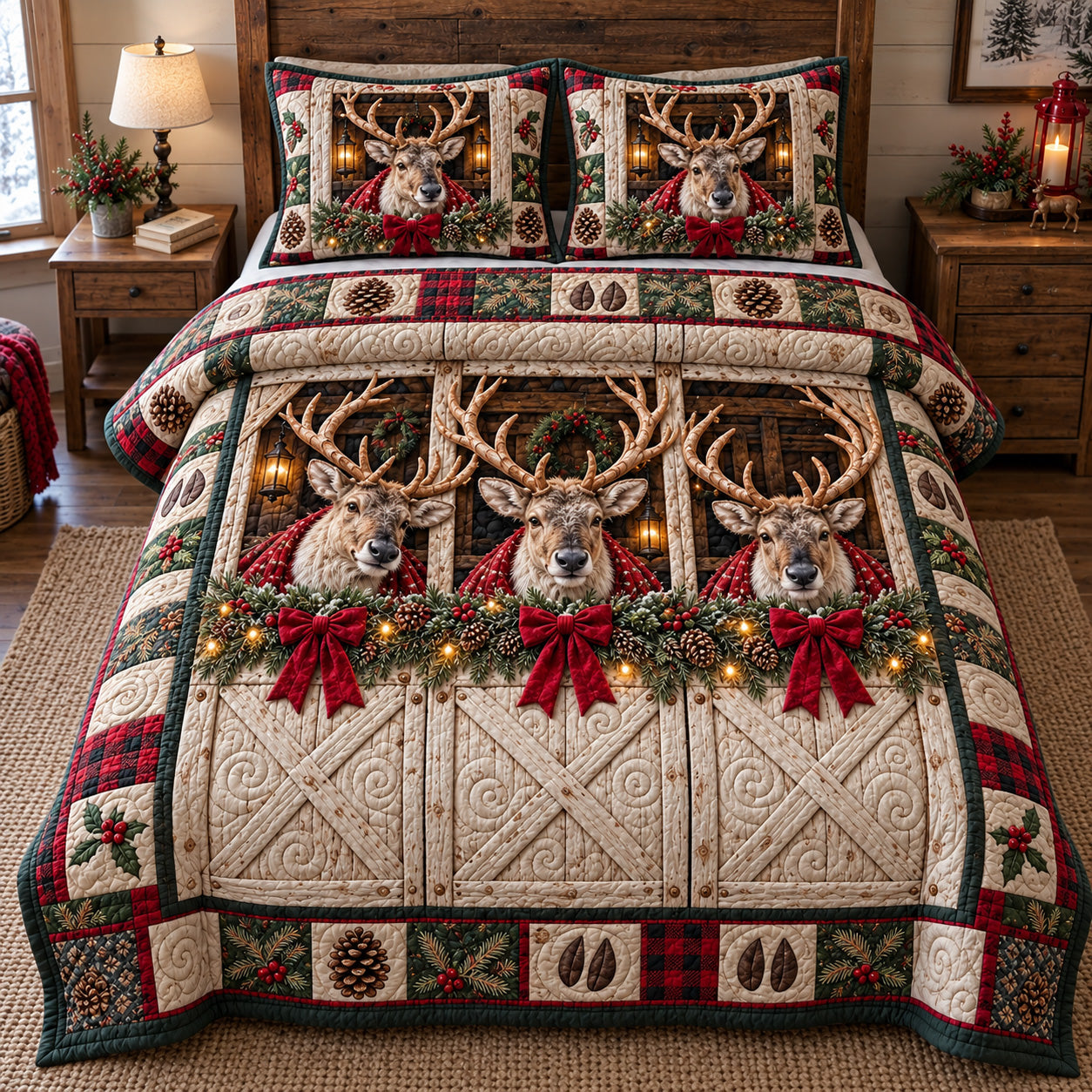 Christmas Deer Barn Quilted Bedding Set Rustic Winter Bedding Decor Gifts For Deer Lovers