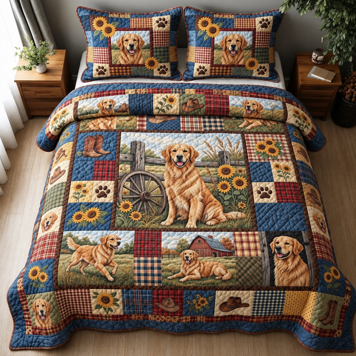 Country Patchwork Golden Quilted Bedding Set Winter Farmhouse Bedding Noel Gifts Idea