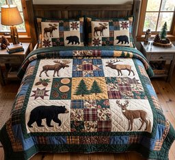 Forest Lodge Patchwork Quilted Bedding Set Rustic Woodland Bedding Cozy Nature Gifts