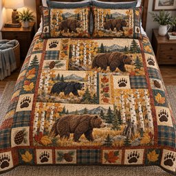 Birch Bear Patchwork Quilted Bedding Set Christmas Bedroom Decor Gifts For Bear Lovers_