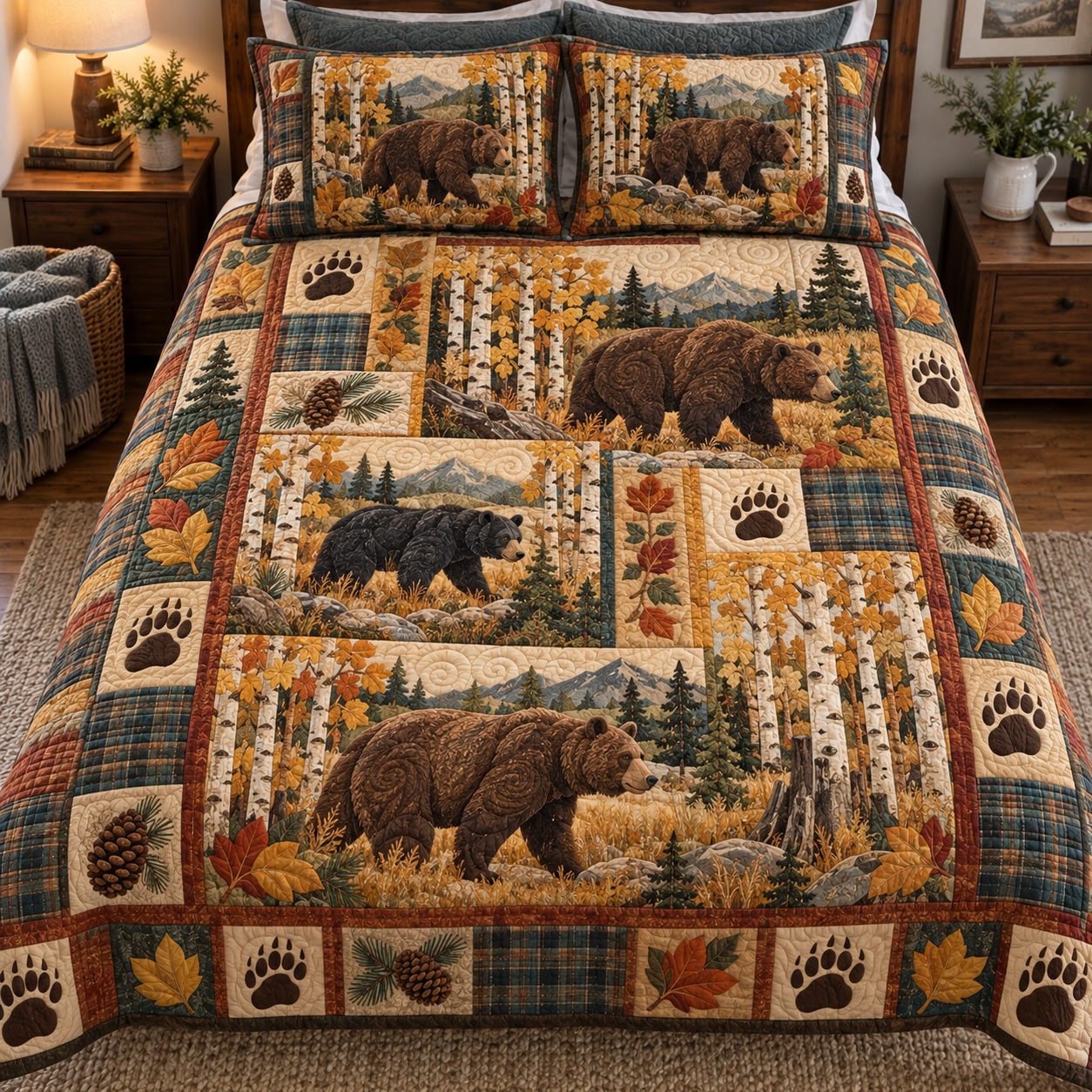 Birch Bear Patchwork Quilted Bedding Set Christmas Bedroom Decor Gifts For Bear Lovers_