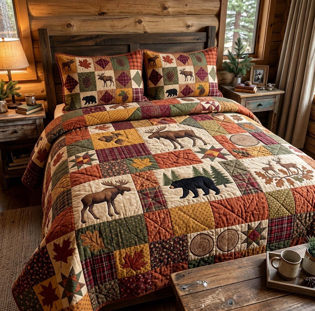 Autumn Lodge Wildlife Quilted Bedding Set Christmas Cabin Bedding Set Husband Gift