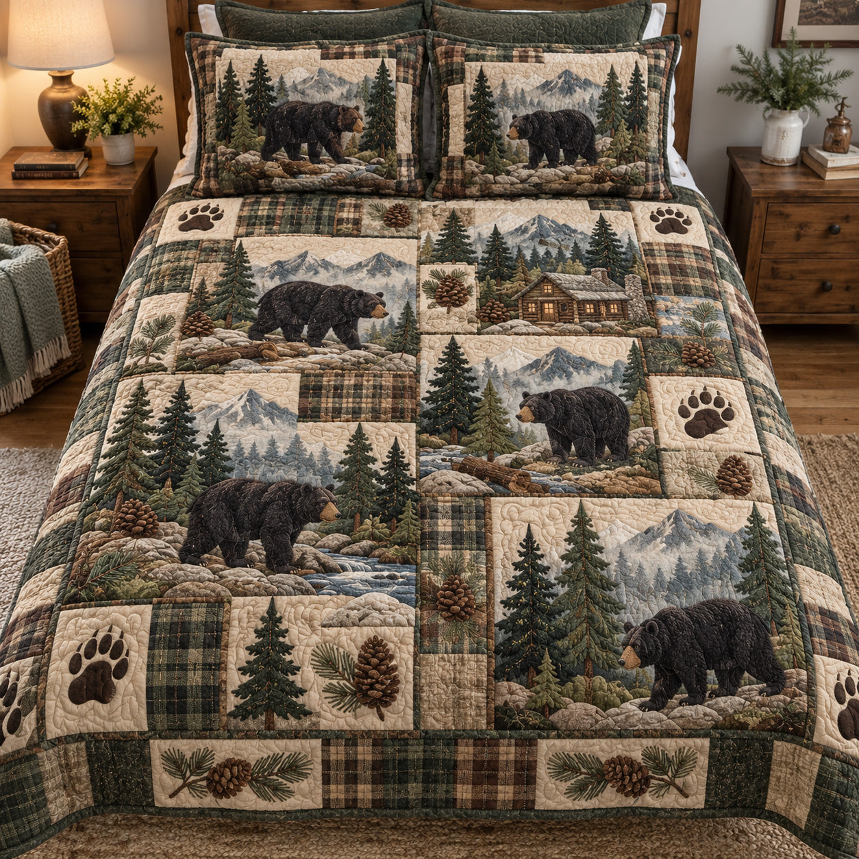 Cabin Bear Patchwork Quilted Bedding Set Winter Cabin Bedroom Decor Xmas Boys Gifts