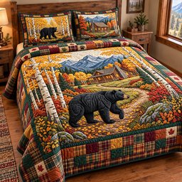 Black Bear Quilted Bedding Set Christmas Holiday Home Bedroom Decor Gifts_