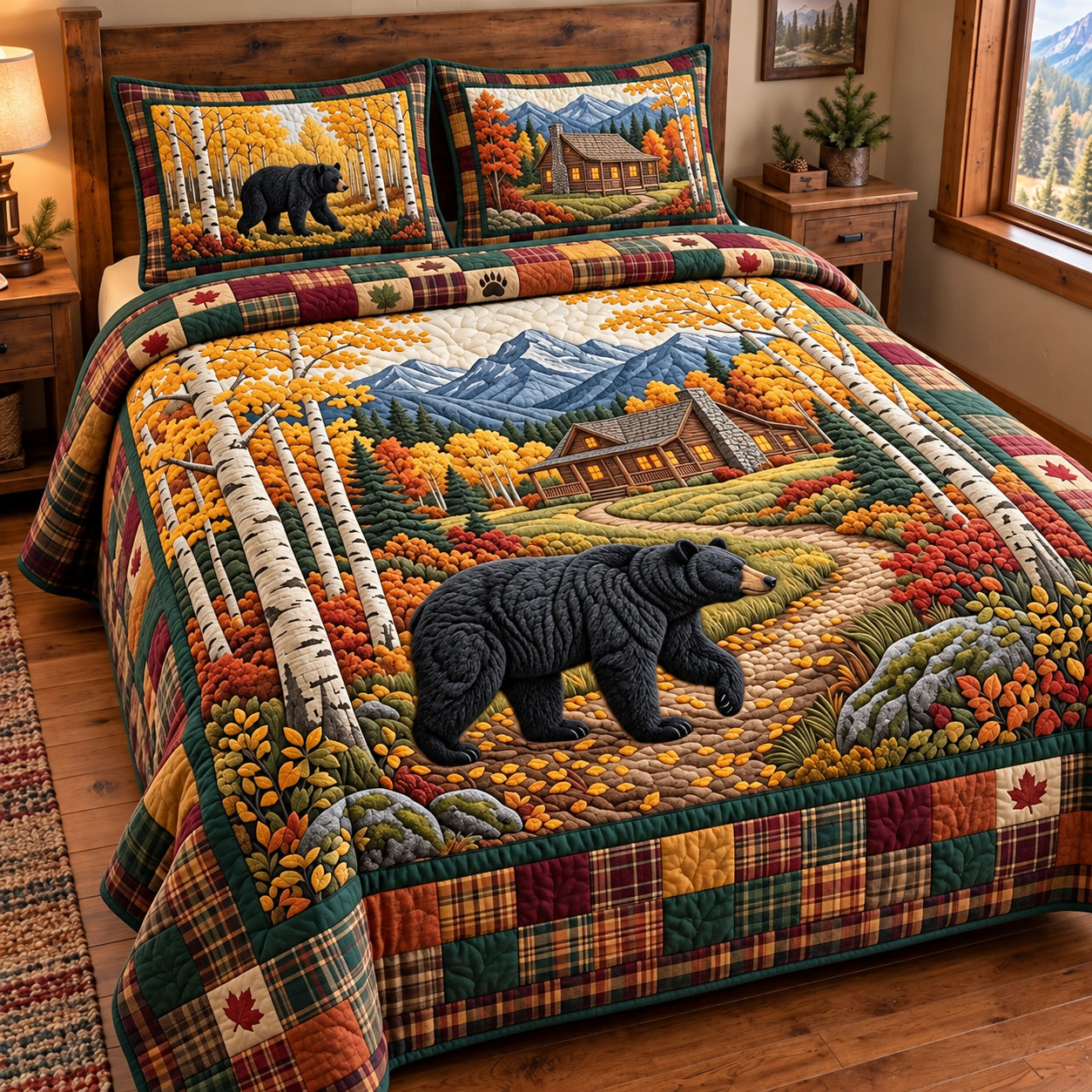 Black Bear Quilted Bedding Set Christmas Holiday Home Bedroom Decor Gifts_