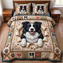 Border Collie Quilted Bedding Set Xmas Evergreen Forest Decor Holiday Bedding Gifts