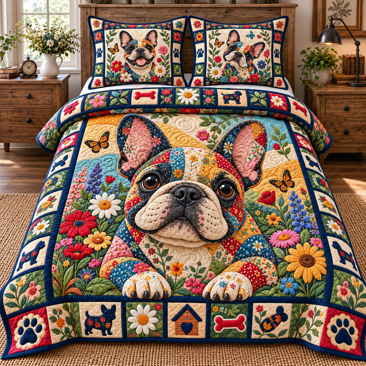Floral Bulldog Patchwork Quilted Bedding Set Colorful French Bulldog Bedding Cozy Gifts
