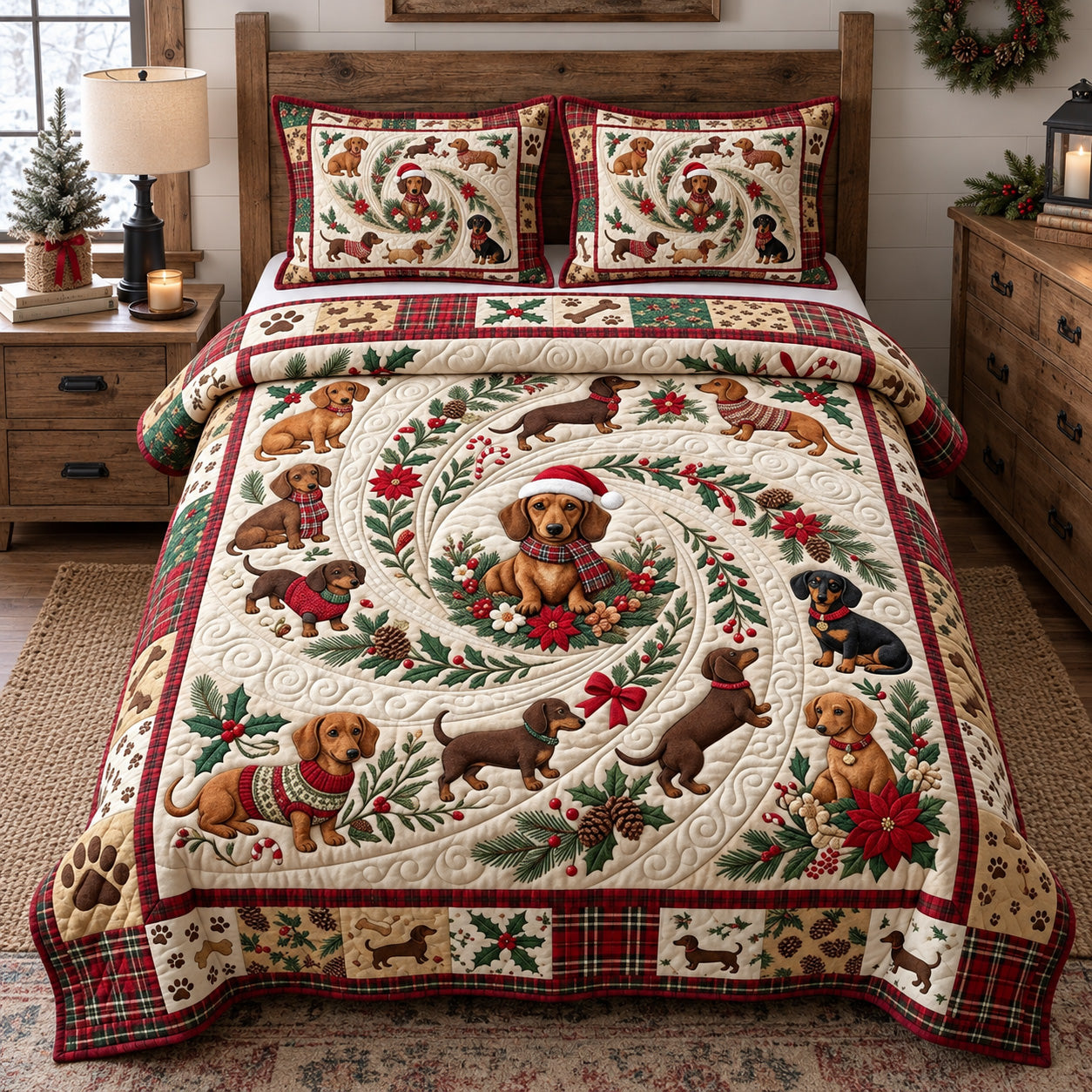 Christmas Dachshund Wreath Quilted Bedding Set Xmas Holiday Bedding Decor Gifts Ideas