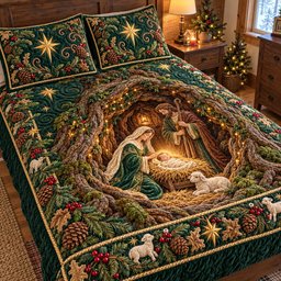 Forest Pine Nativity Quilted Bedding Set Rustic Christmas Nativity Bedding Noel Gifts