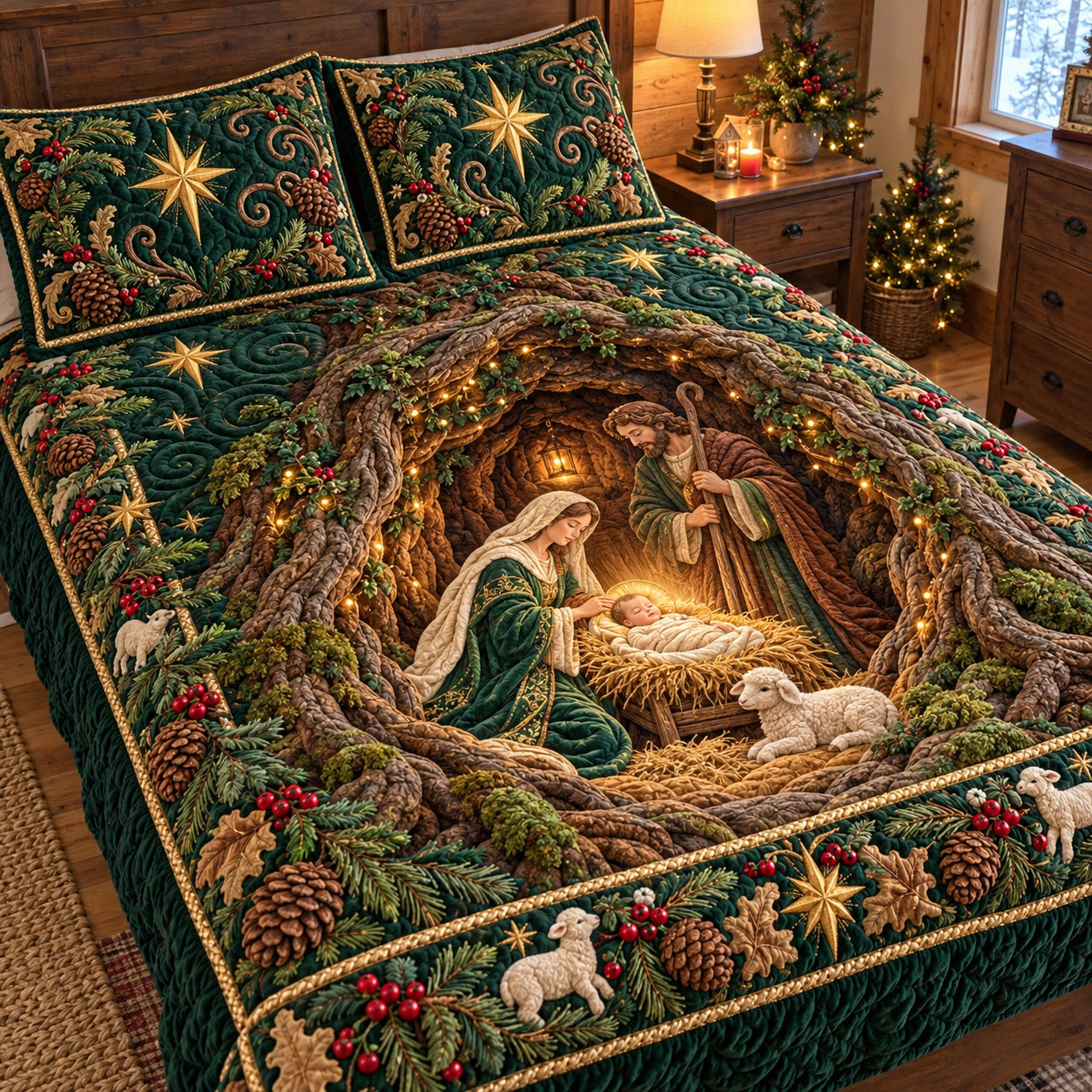 Forest Pine Nativity Quilted Bedding Set Rustic Christmas Nativity Bedding Noel Gifts
