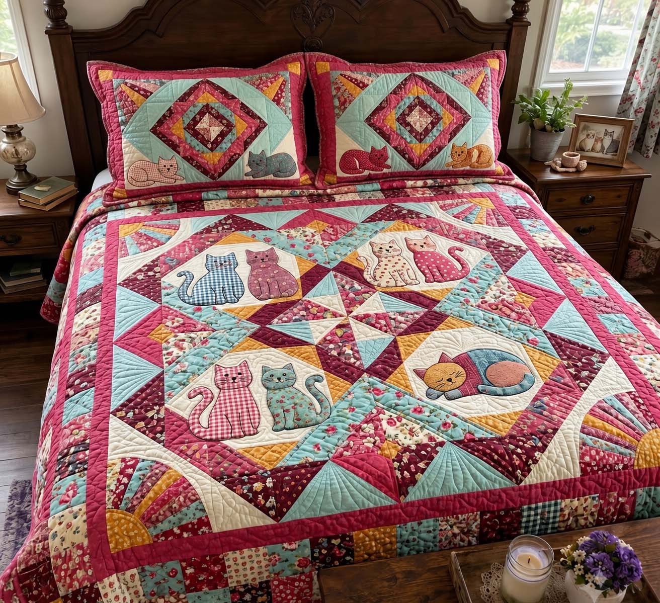 Pink Kitty Mosaic Quilted Bedding Set Colorful Cat Bedding Whimsical Feline Decor Gifts