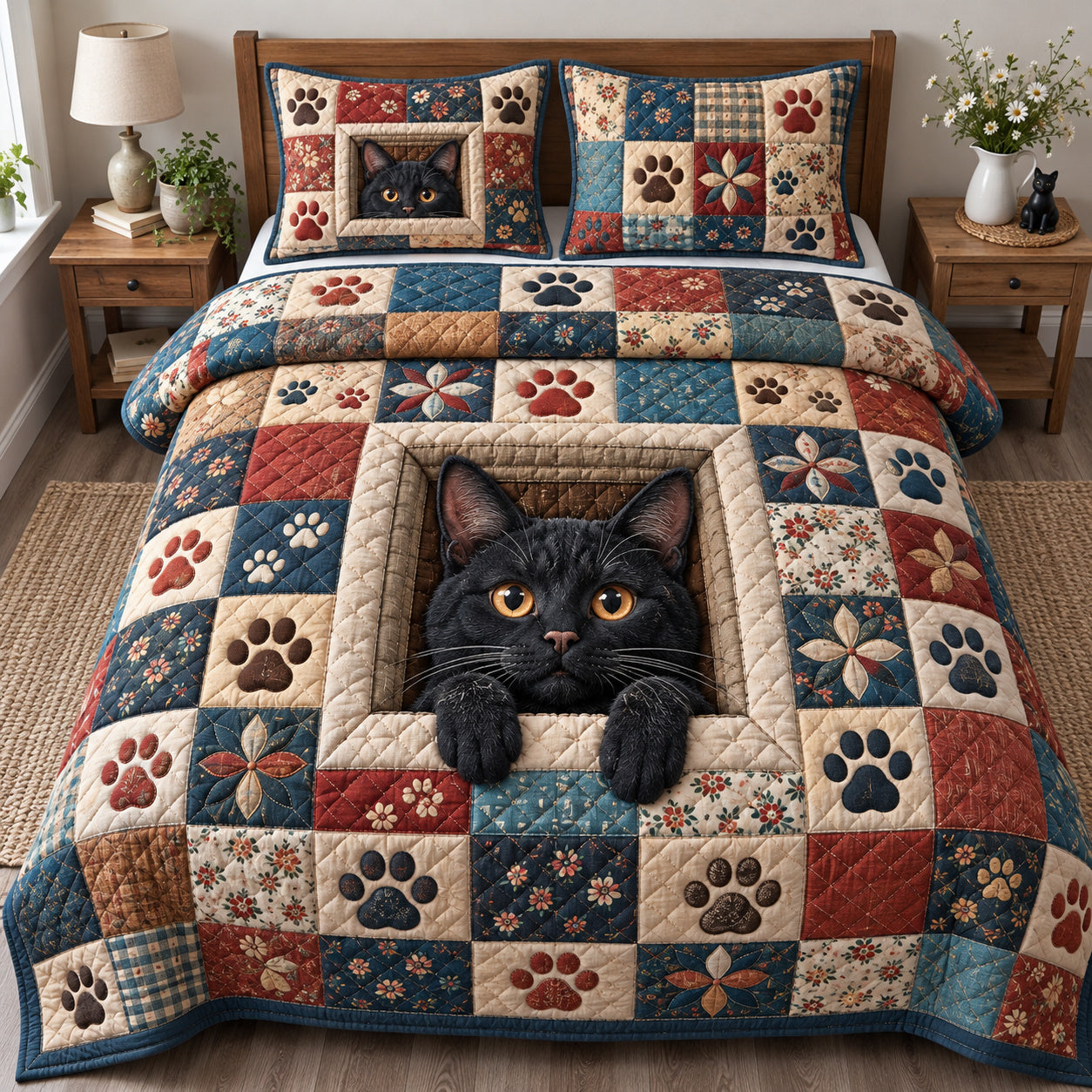 Black Cat Pawprints Quilted Bedding Set Xmas Bedroom Decor Gifts For Cat Moms