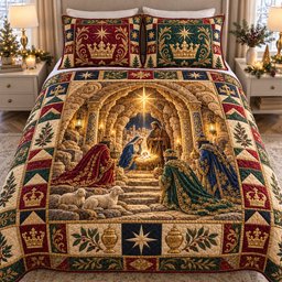 Holy Nativity Quilted Bedding Set Christian Xmas Bedding Set Noel Winter Decor Gifts
