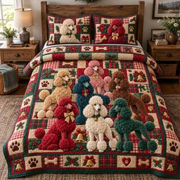 Poodle Crew Patchwork Quilted Bedding Set Cute Poodle Dog Bedding Cozy Family Gifts