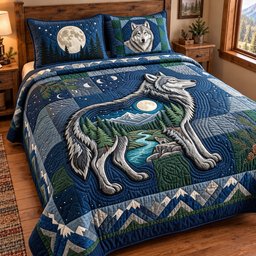 Moon Wolf Quilted Bedding Set Mystical Wolf Moon Bedding Celestial Night Sky Decor Gifts