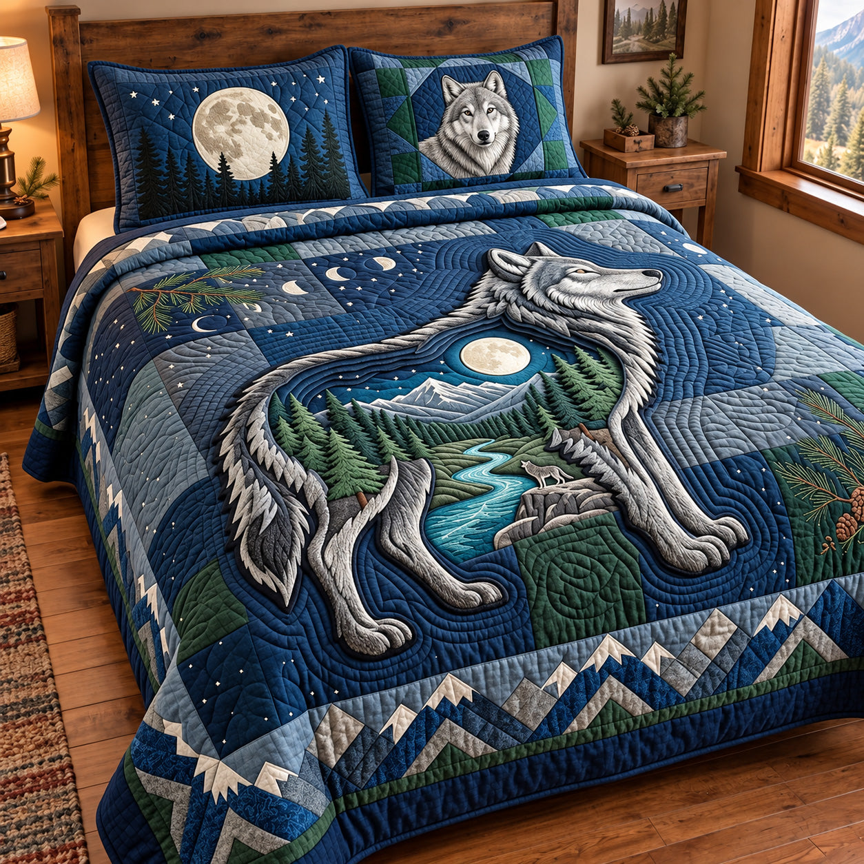 Moon Wolf Quilted Bedding Set Mystical Wolf Moon Bedding Celestial Night Sky Decor Gifts
