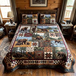 Mountain Bear Stories Quilted Bedding Set Rustic Bear Bedding Cozy Decor Holiday Gifts