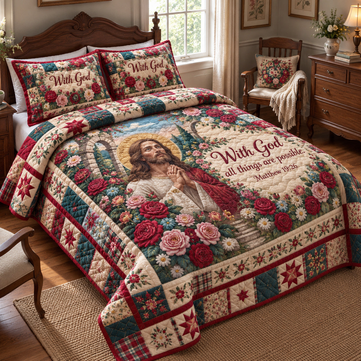 God Promise Quilted Bedding Set Winter Christian Faith Bedding Noel Holiday Decor Gift