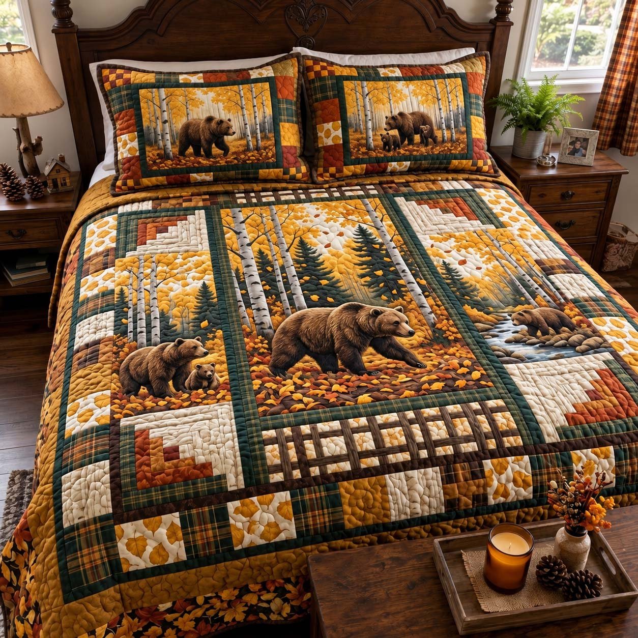 Autumn Aspen Bears Quilted Bedding Set Cozy Winter Bedding Xmas Gift Ideas