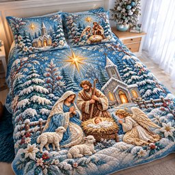 Heavenly Winter Nativity Quilted Bedding Set Christian Christmas Bedding Noel Gifts