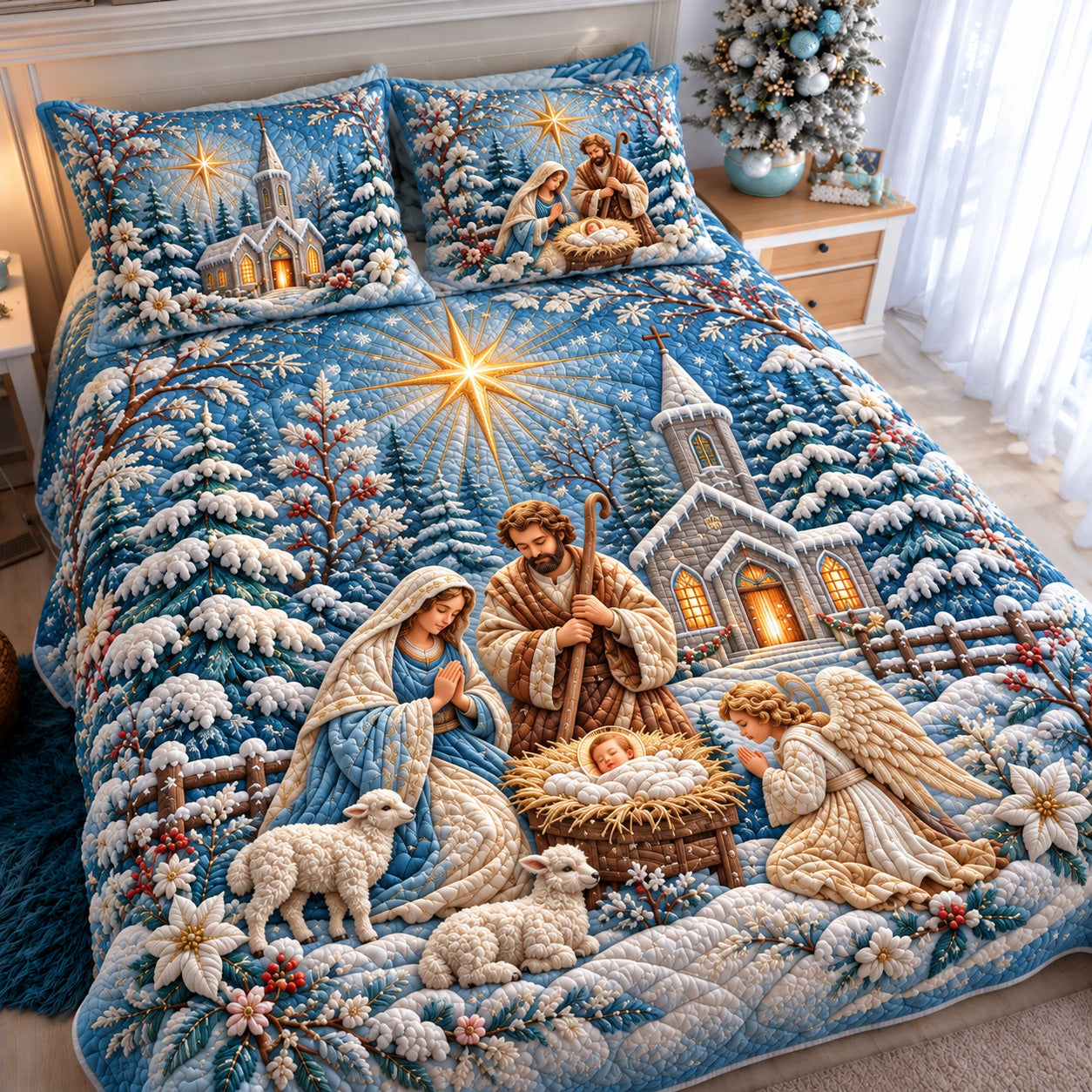 Heavenly Winter Nativity Quilted Bedding Set Christian Christmas Bedding Noel Gifts