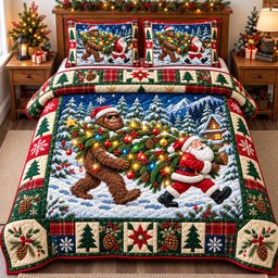 Bigfoot Santa Claus Christmas Quilted Bedding Set Xmas Home Decor Holiday Gift