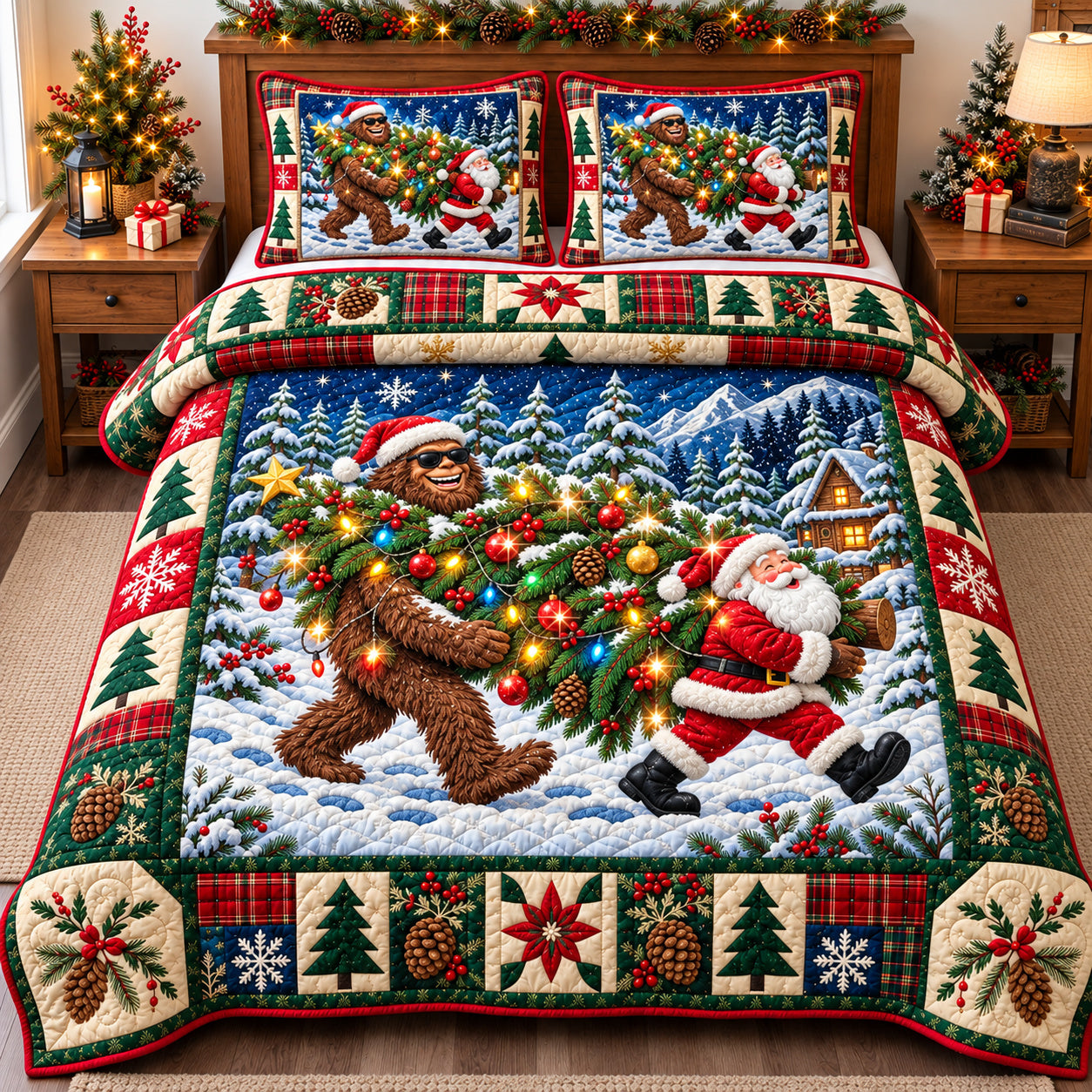 Bigfoot Santa Claus Christmas Quilted Bedding Set Xmas Home Decor Holiday Gift