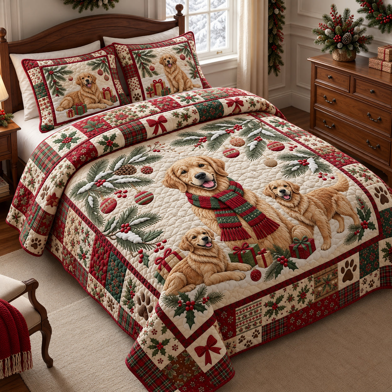 Christmas Golden Quilted Bedding Set Winter Golden Retriever Bedding Noel Gifts
