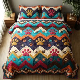 Paw Zigzag Fiesta Quilted Bedding Set Colorful Paw Print Bedding Decor Holiday Gift